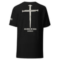Black unisex t-shirt featuring vertical nail cross graphic with “His Cross, My Creed” text and Galatians 6:14 on back, by MyCreed™