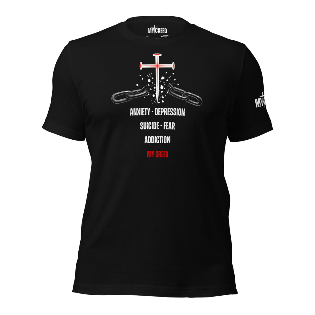 Black ChainBreaker t-shirt with red nail cross breaking chains and John 8:36 scripture, front view by MyCreed™