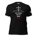 Black ChainBreaker t-shirt with red nail cross breaking chains and John 8:36 scripture, front view by MyCreed™