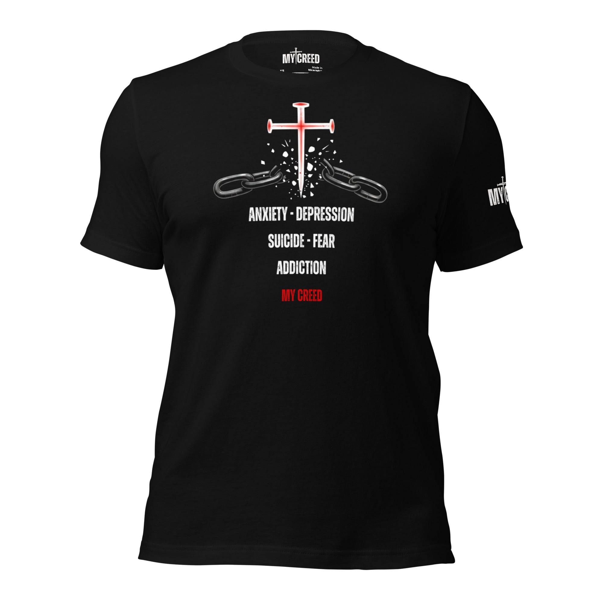 Black ChainBreaker t-shirt with red nail cross breaking chains and John 8:36 scripture, front view by MyCreed™