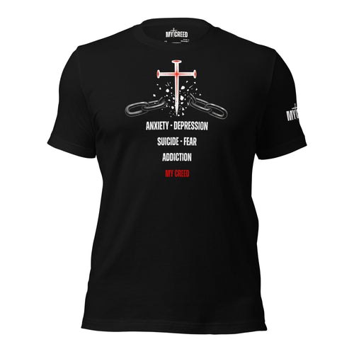 Black ChainBreaker t-shirt with red nail cross breaking chains and John 8:36 scripture, front view by MyCreed™