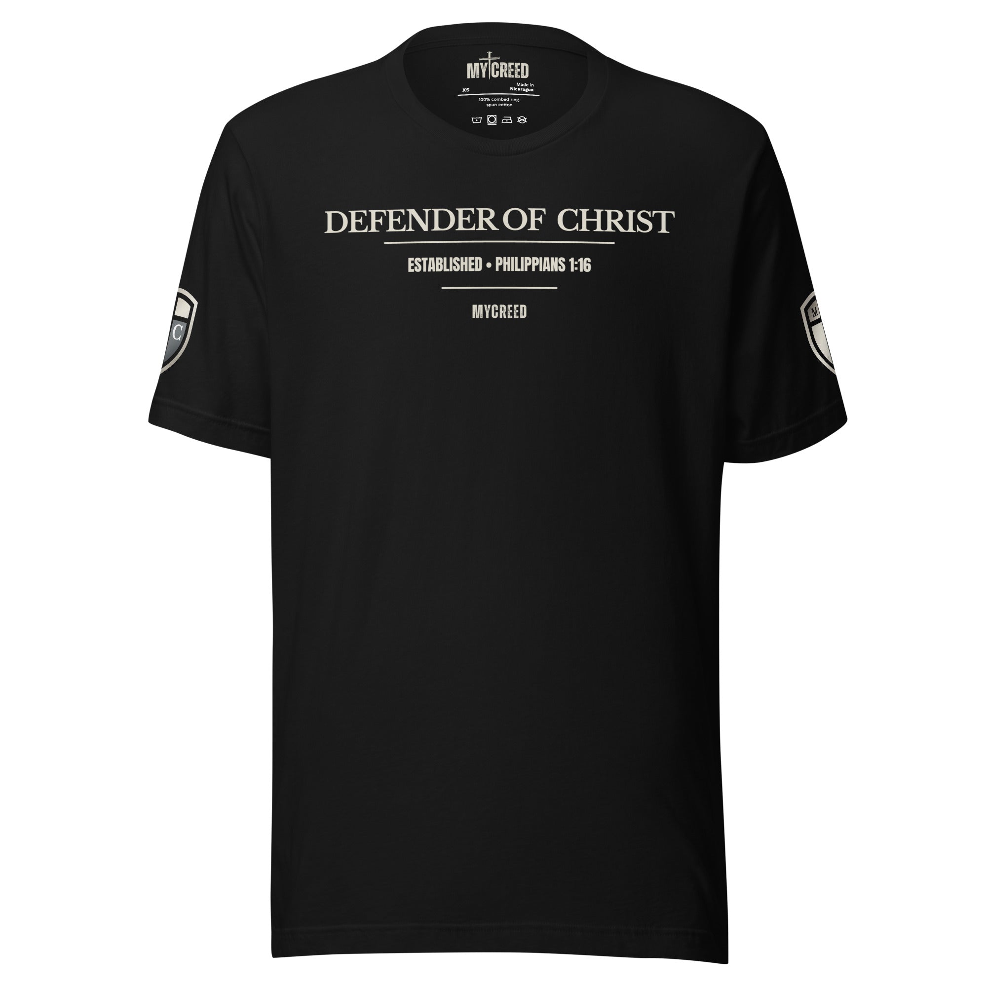Front view of Defender of Christ unisex t-shirt featuring the MyCreed shield emblem printed on the left chest in a clean, minimalist layout, by MyCreed™