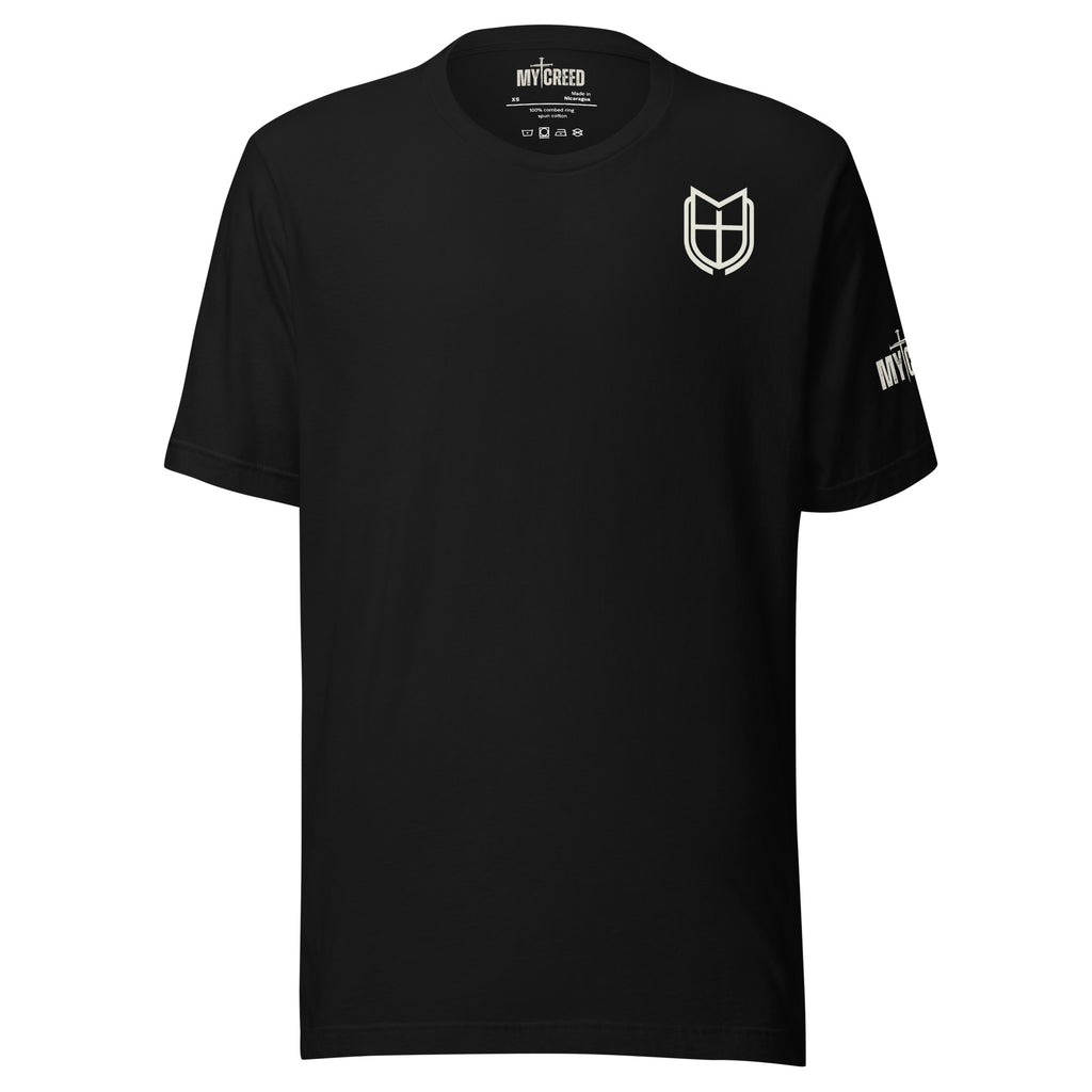 Front view of black MyCreed t-shirt with minimalist shield emblem on left chest, by MyCreed™