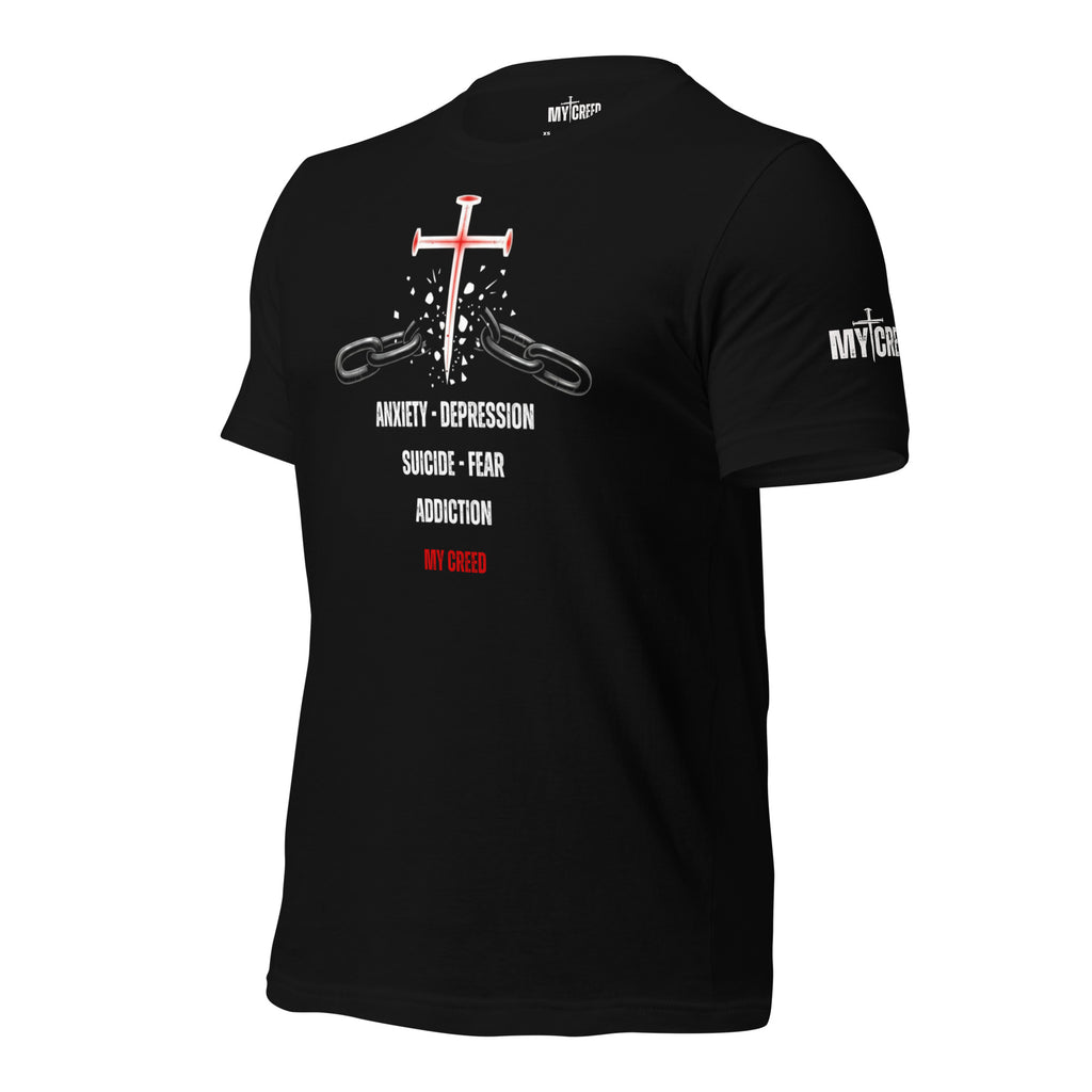 Black ChainBreaker t-shirt shown at angled front view featuring a red nail cross breaking chains with John 8:36 message and MyCreed logo on the sleeve by MyCreed™