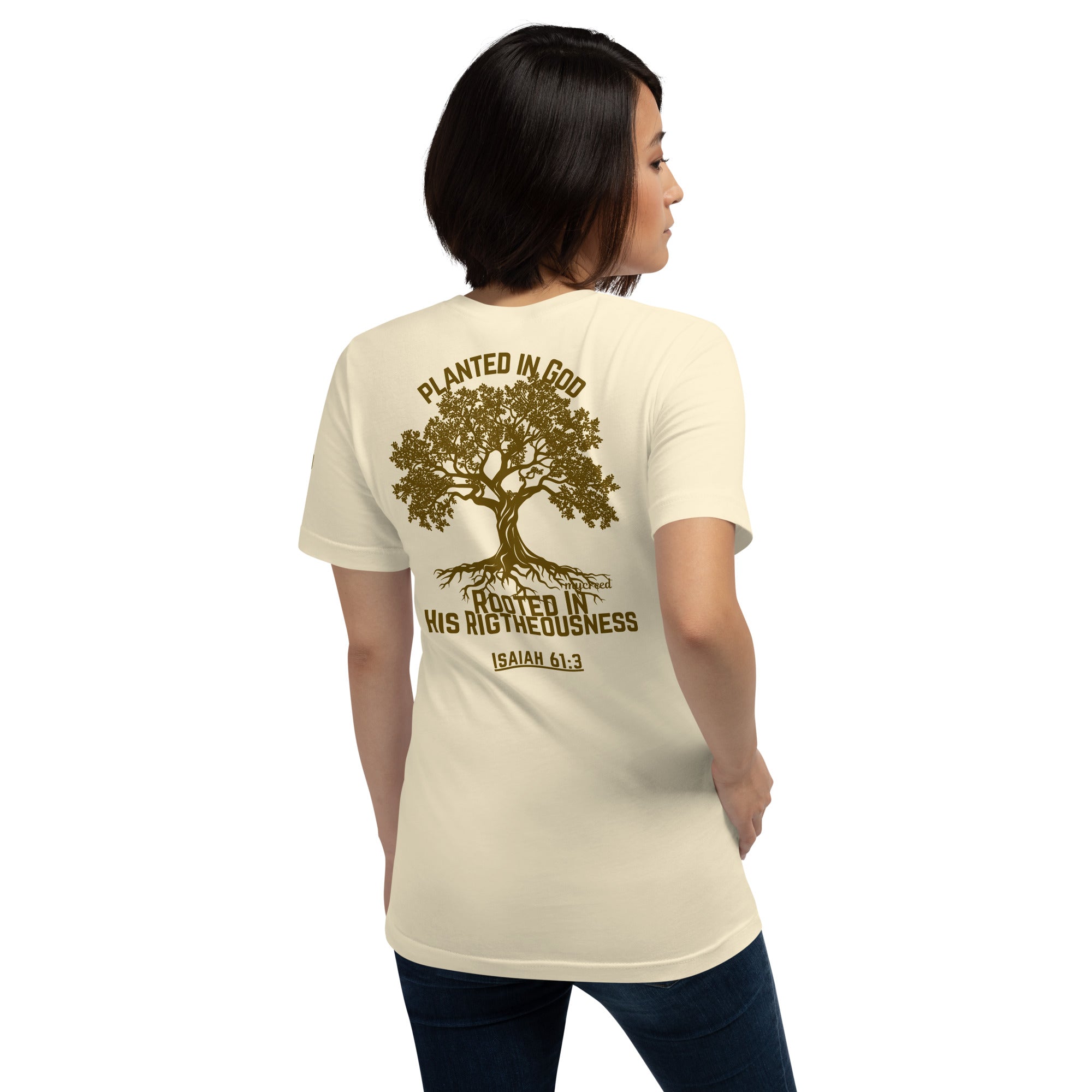 Premium Christian back print with symbolic tree of righteousness on Bella+Canvas 3001 by MyCreed™
