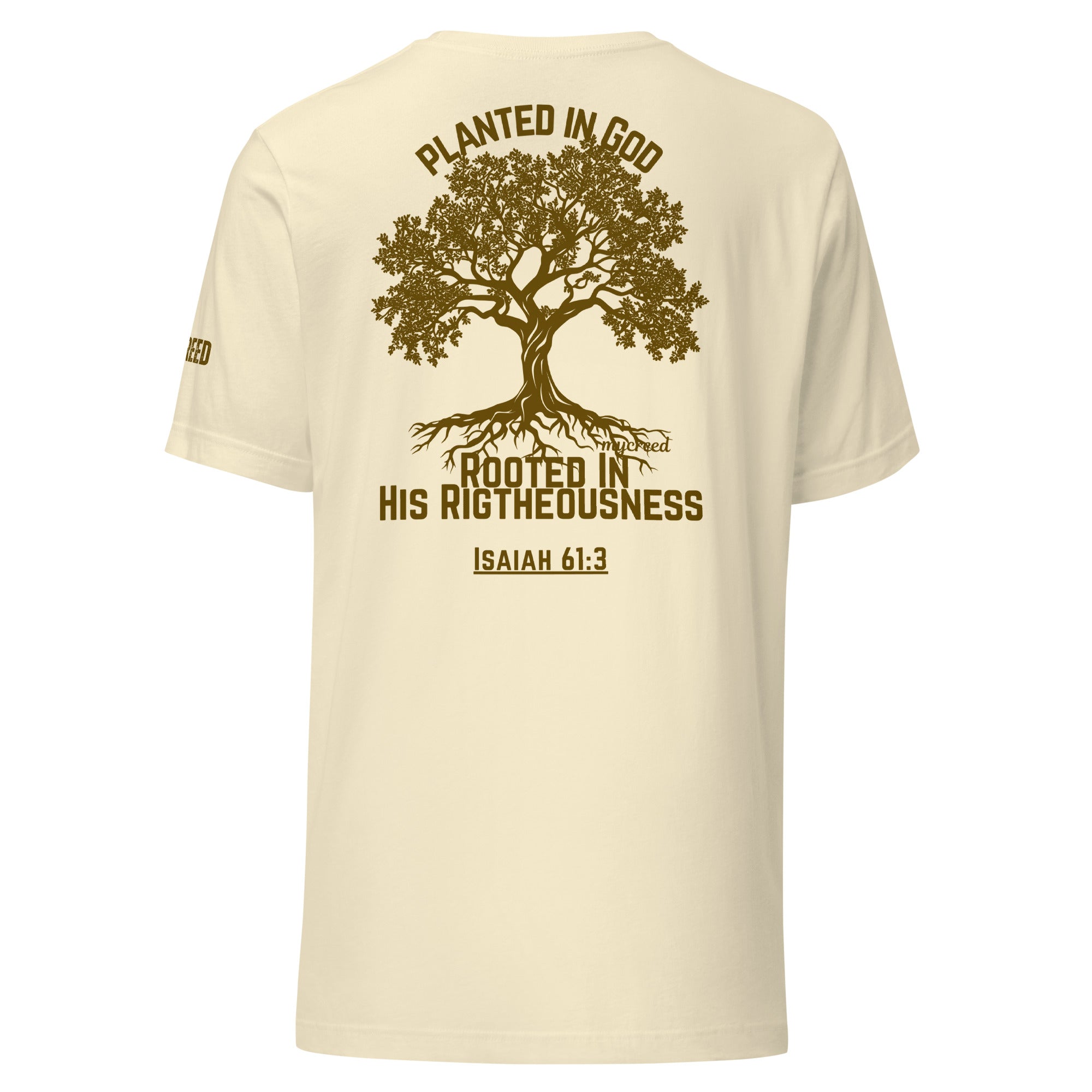 Scripture-inspired tree artwork displayed as a back print on Bella+Canvas tee by MyCreed™