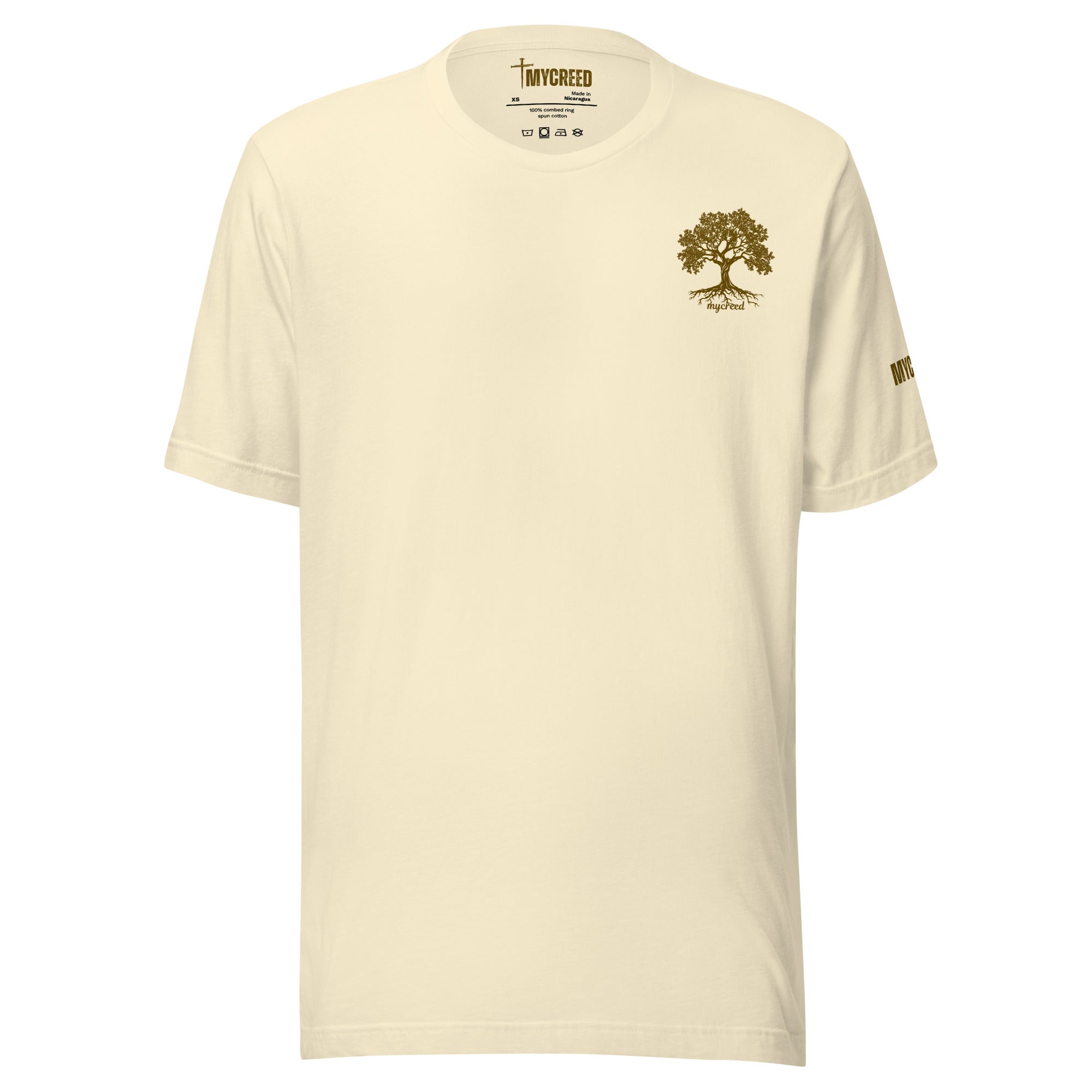 Rooted in His Righteousness tree design printed on the back of Christian apparel by MyCreed™