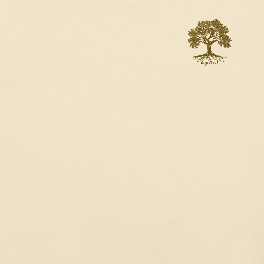 Detailed rooted tree back print expressing faith, strength, and scripture by MyCreed™