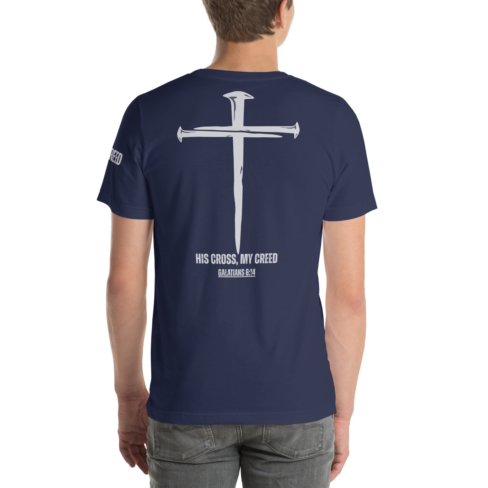 Lifestyle back view of model wearing navy MyCreed t-shirt with cross graphic centered on back, by MyCreed™