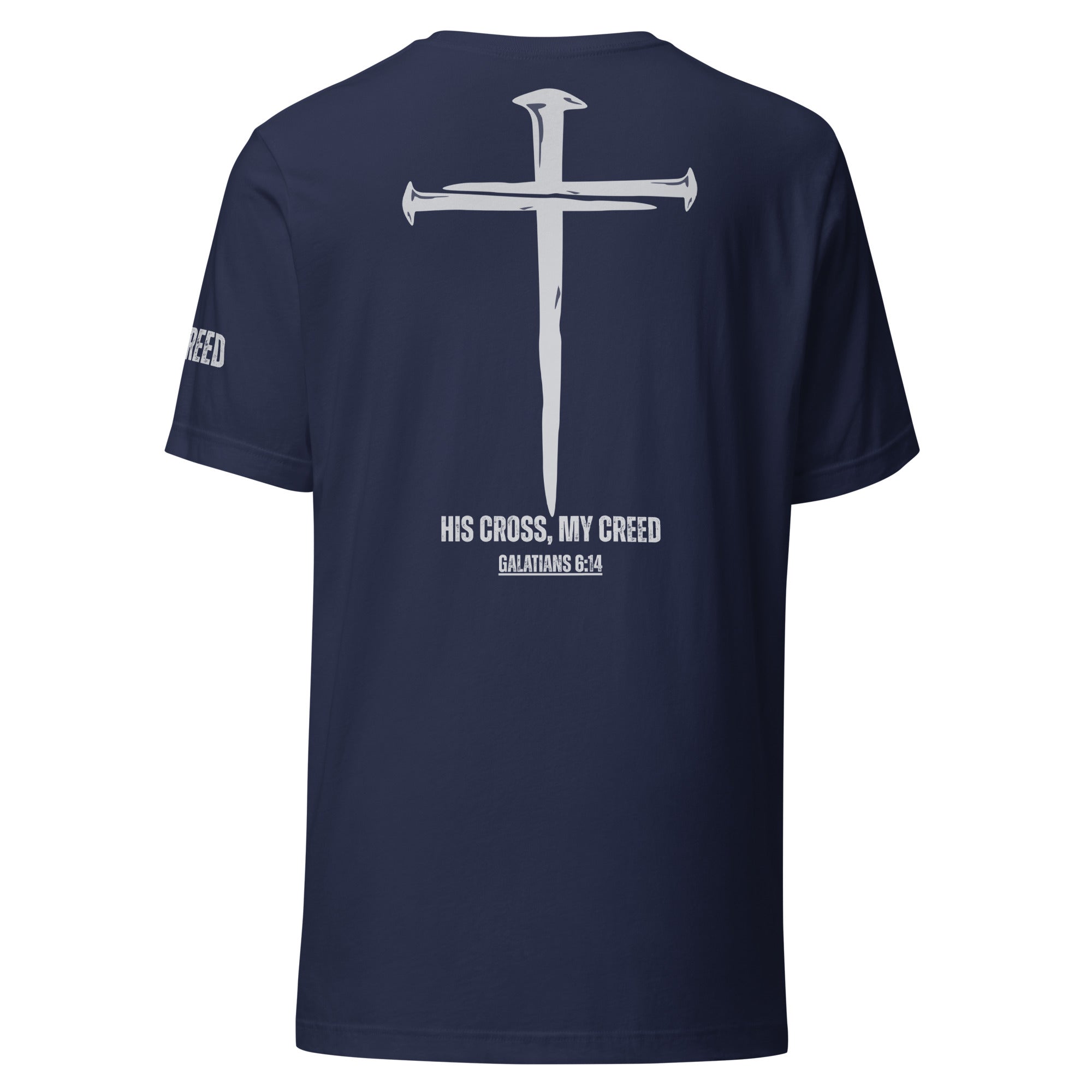 Back view of navy t-shirt featuring light-ink nail cross and Galatians 6:14 design, by MyCreed™