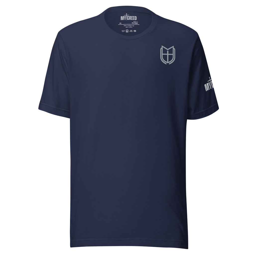 Navy unisex t-shirt front view with subtle MyCreed shield emblem on chest, by MyCreed™