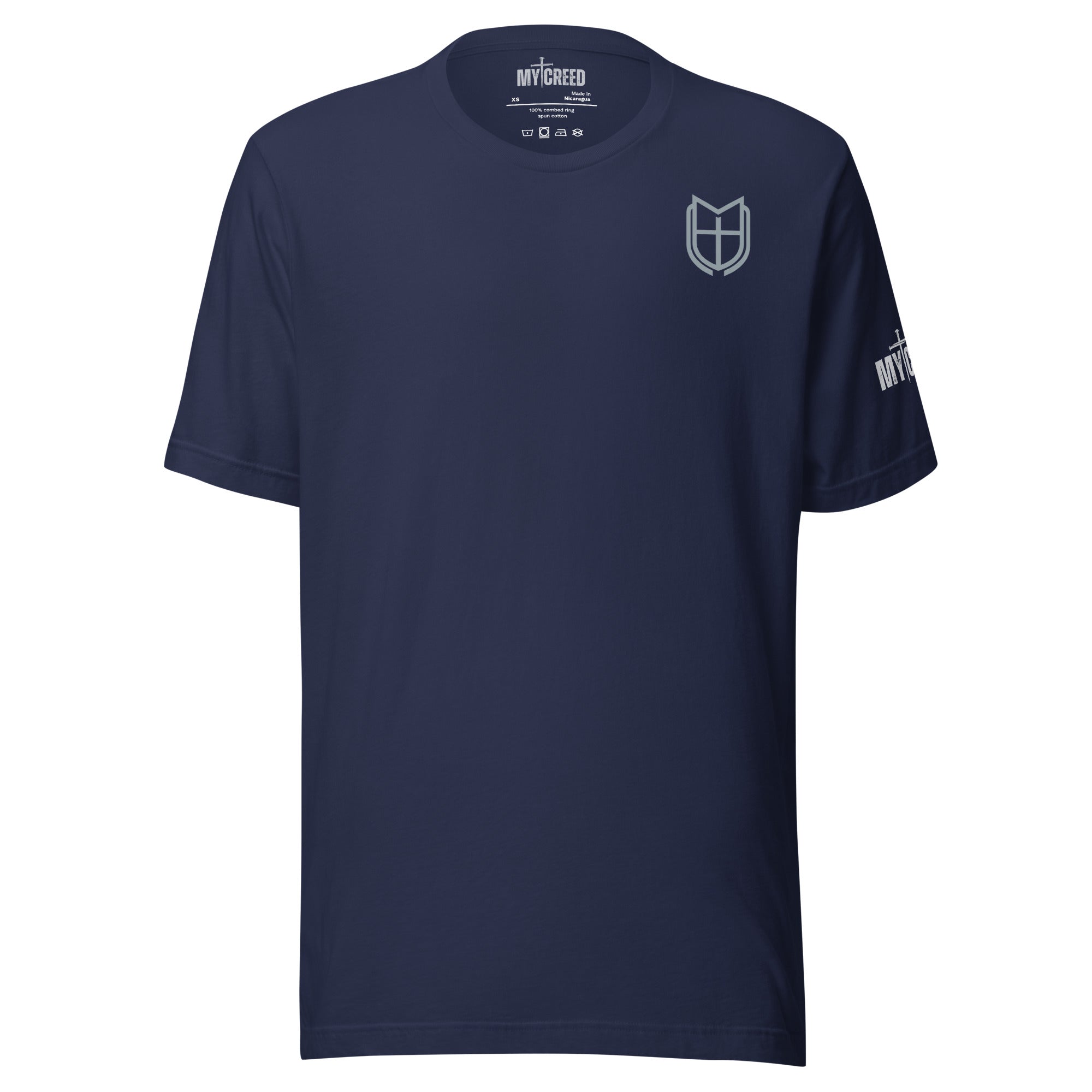 Navy unisex t-shirt front view with subtle MyCreed shield emblem on chest, by MyCreed™