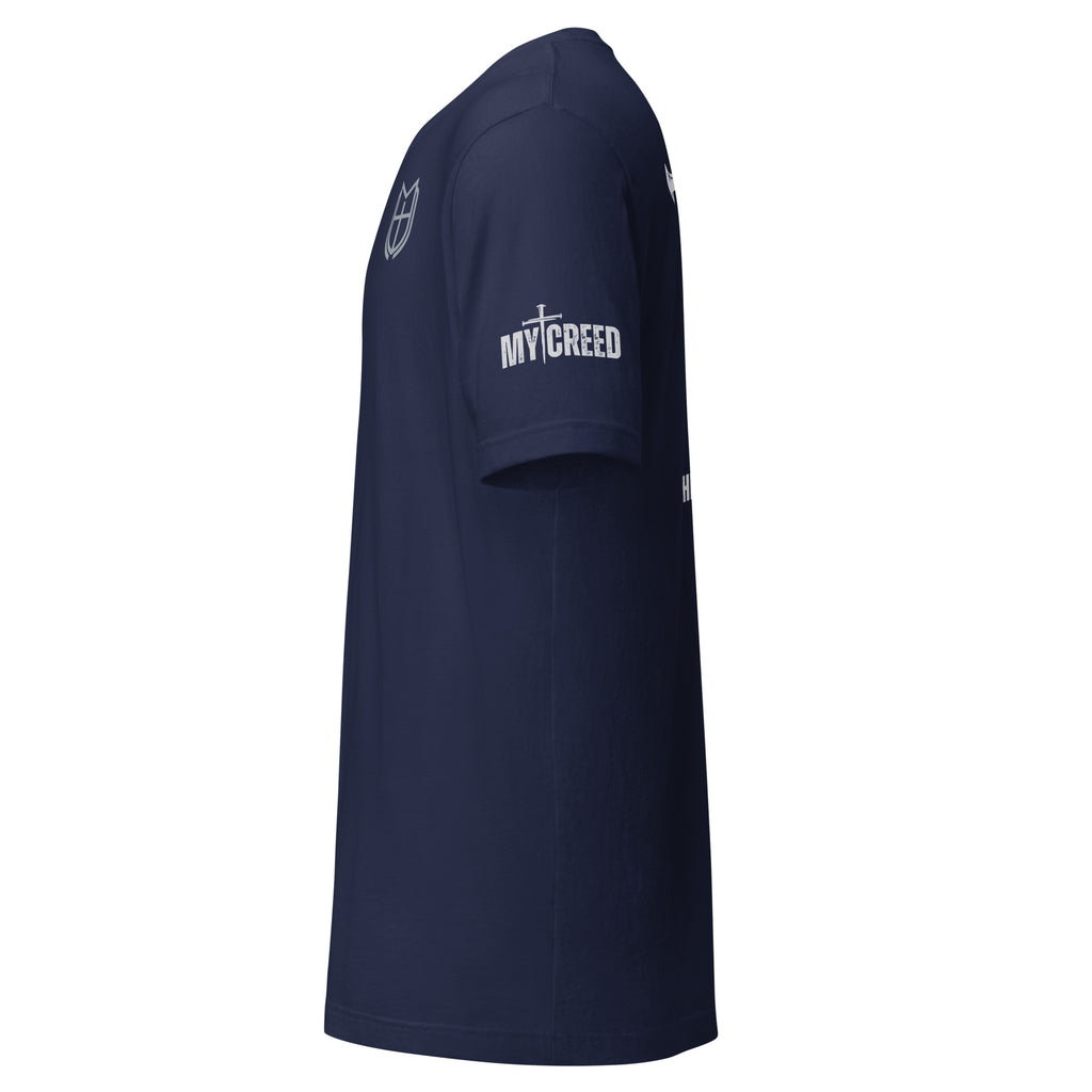 Side angle of navy MyCreed t-shirt showing sleeve length and relaxed fit, by MyCreed™