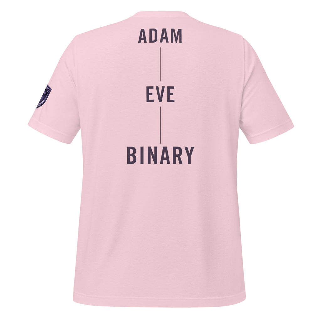 Binary By Creation Tee in soft pink with "Adam Eve Binary" back print by MyCreed™