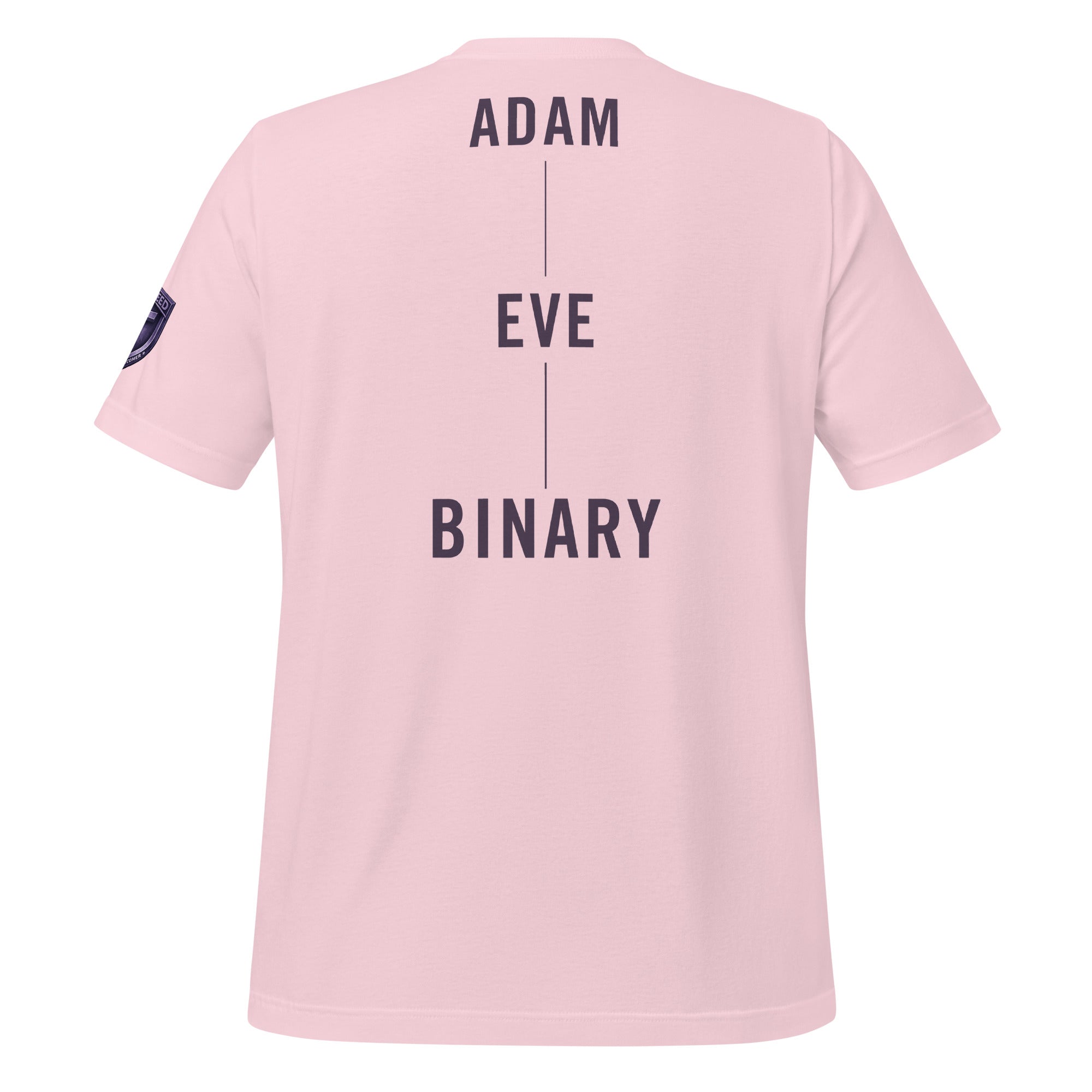 Binary By Creation Tee in soft pink with "Adam Eve Binary" back print by MyCreed™