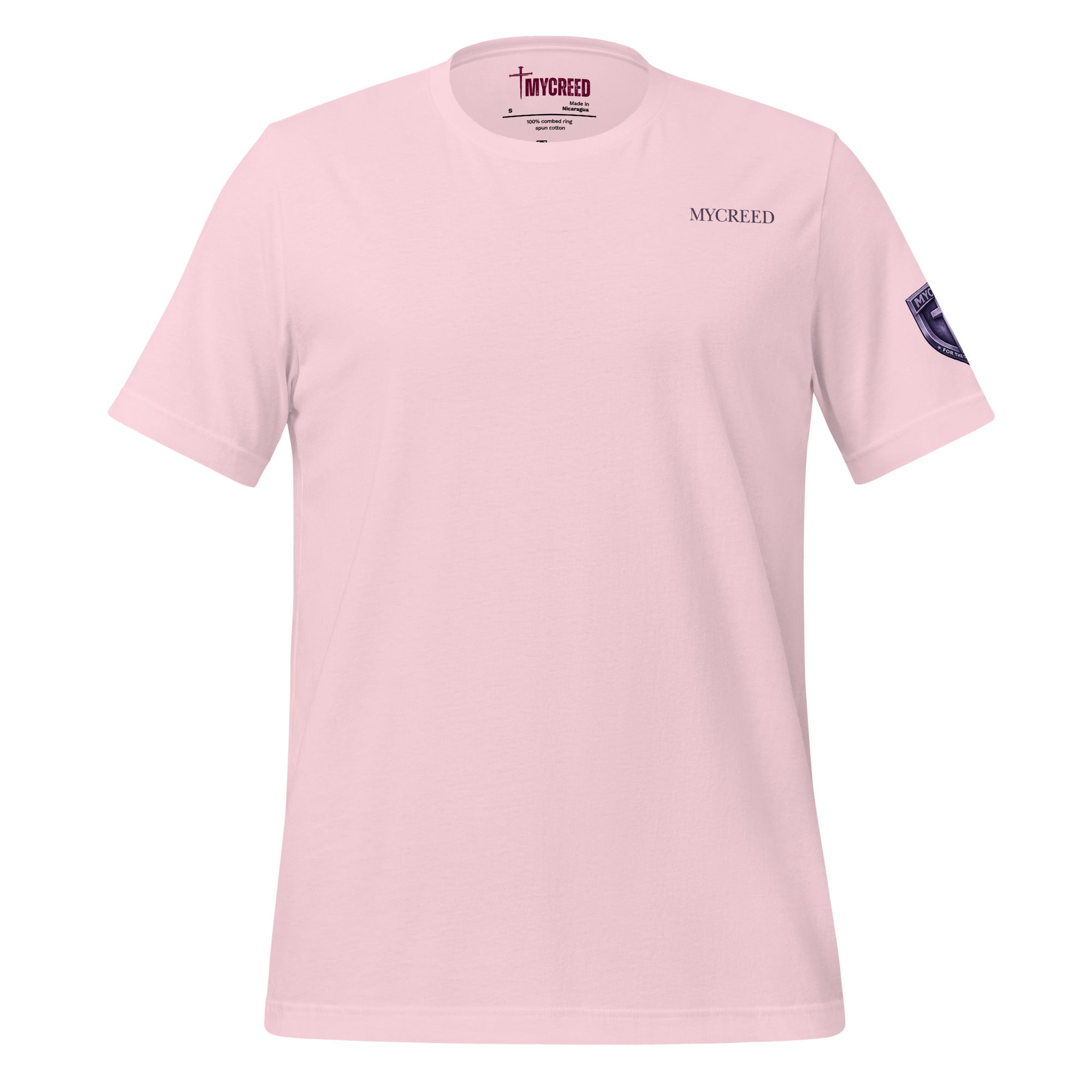 Binary By Creation Tee front view in pink minimalist design by MyCreed™