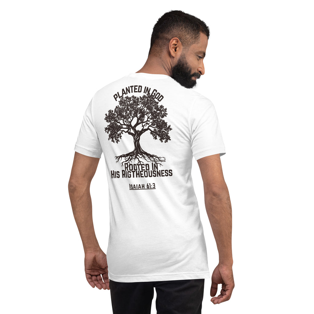 Back print Christian tee featuring Planted in God tree design and Isaiah 61:3 scripture by MyCreed™