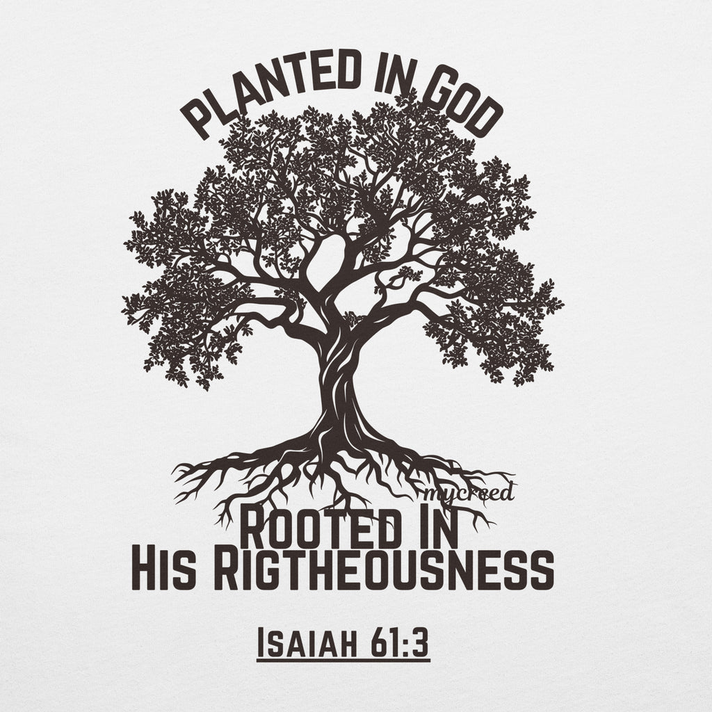 Planted in God back print with detailed roots and branches on premium Christian t-shirt by MyCreed™
