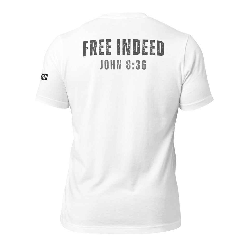 White t-shirt featuring “FREE INDEED” John 8:36 scripture on the back, minimalist faith design by MyCreed™