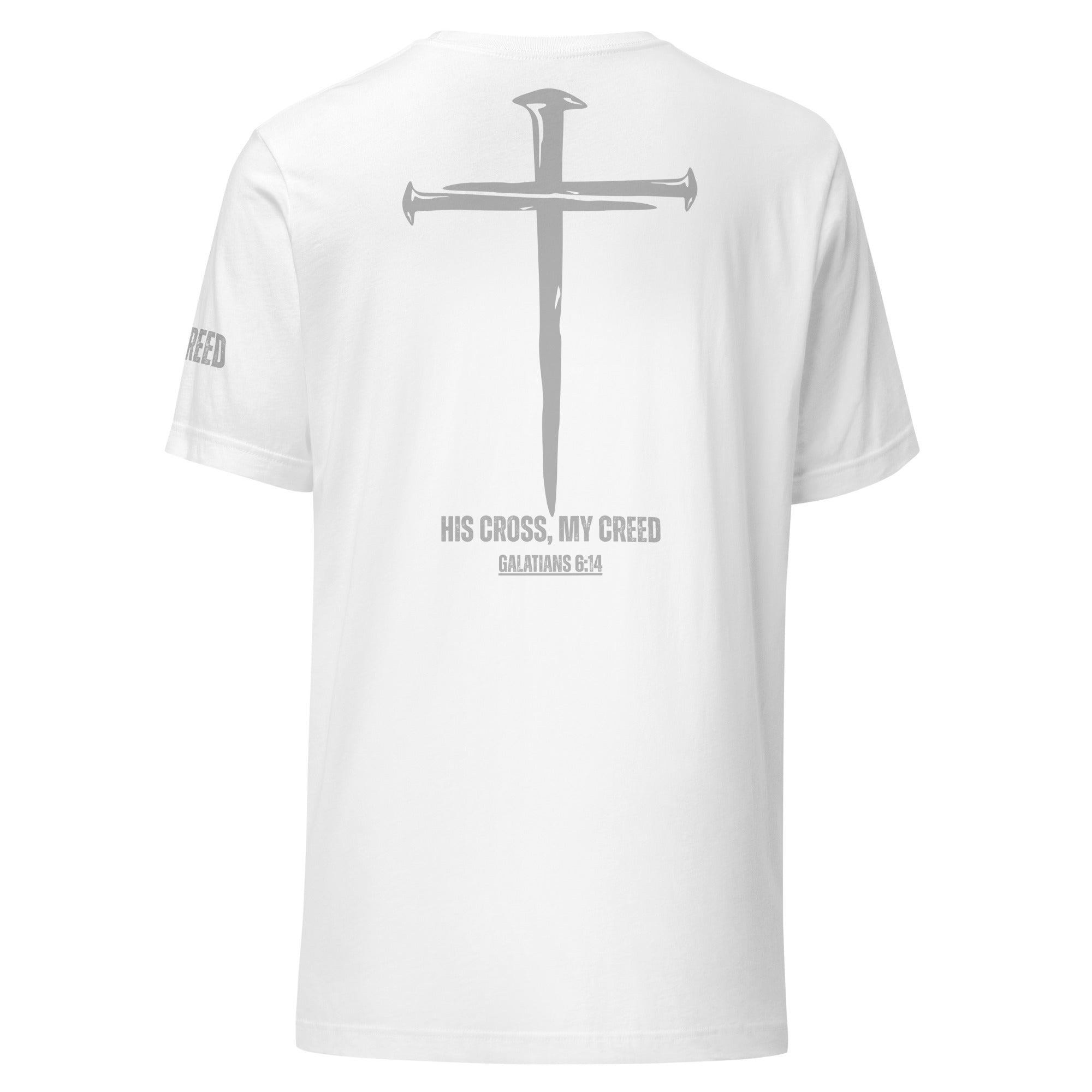 Back view of white t-shirt featuring nail cross design with “His Cross, My Creed” typography, by MyCreed™