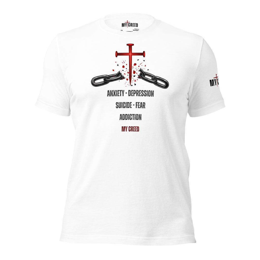 White ChainBreaker t-shirt with red cross breaking chains and John 8:36 scripture, front view by MyCreed™