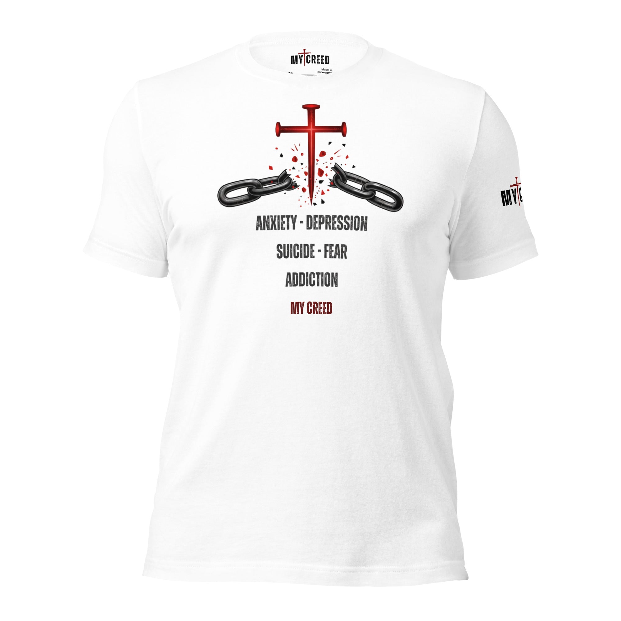 White ChainBreaker t-shirt with red cross breaking chains and John 8:36 scripture, front view by MyCreed™