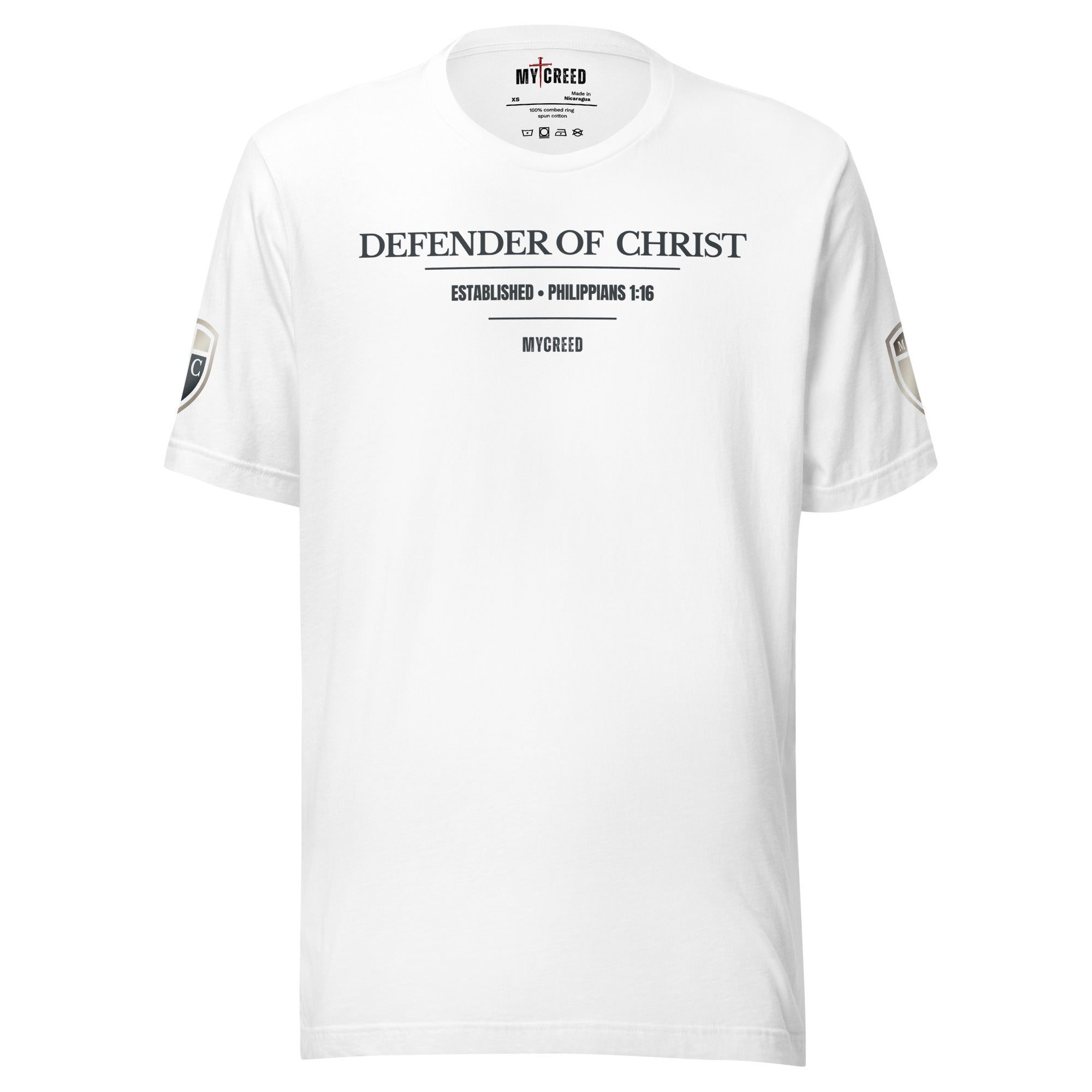 Front view of Defender of Christ unisex t-shirt featuring the MyCreed shield emblem printed on the left chest in a clean, minimalist layout, by MyCreed™