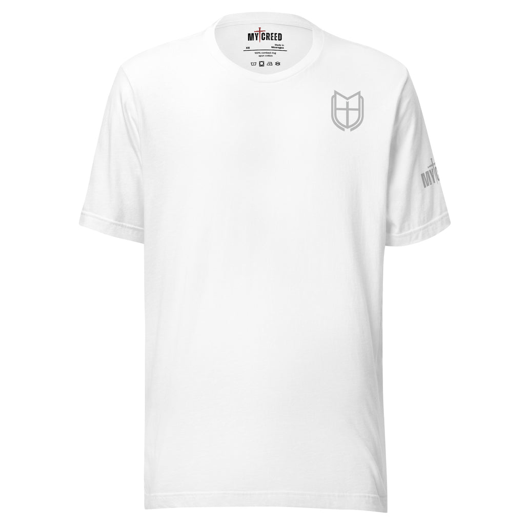 White MyCreed t-shirt front view with small shield emblem on left chest, by MyCreed™