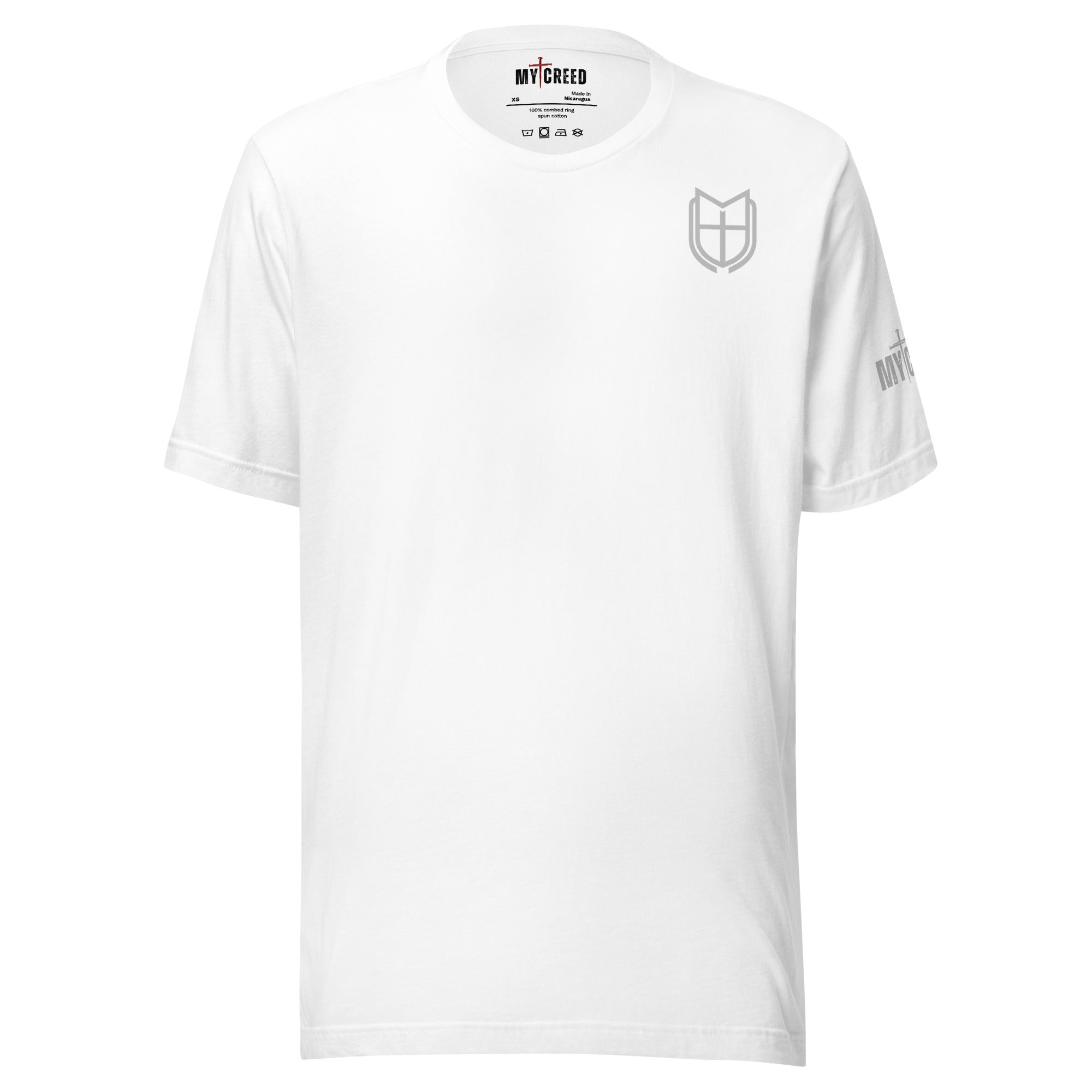White MyCreed t-shirt front view with small shield emblem on left chest, by MyCreed™