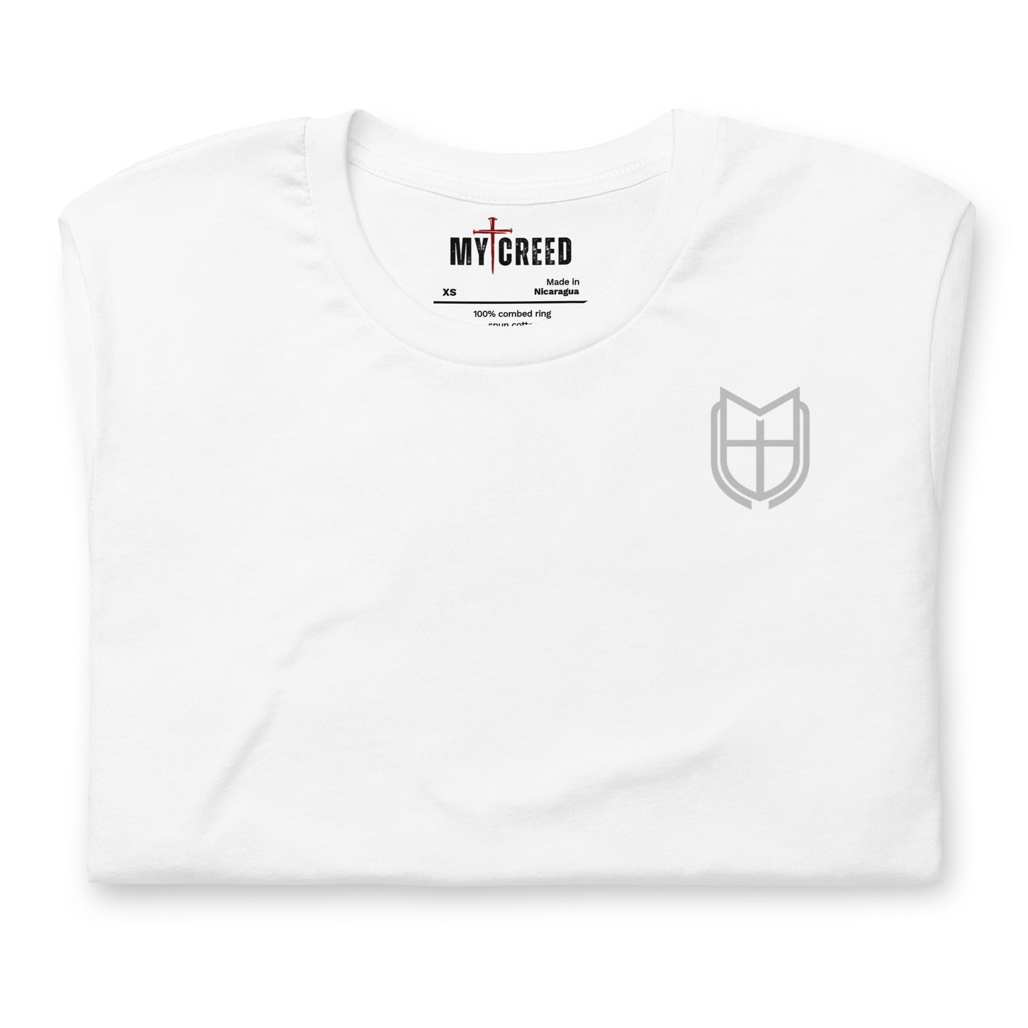 White unisex t-shirt laid flat showing fabric texture and clean construction, by MyCreed™