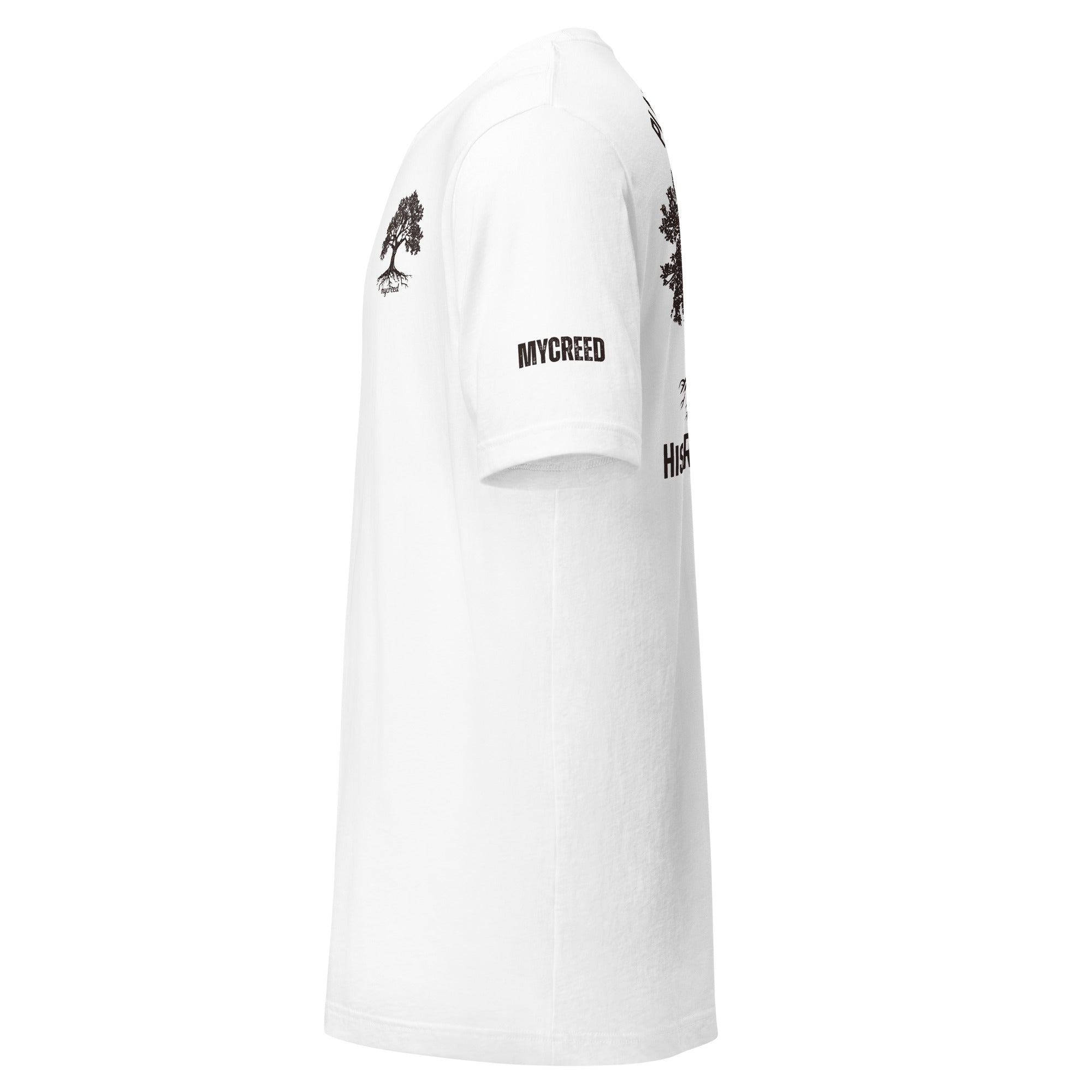 Rooted in His Righteousness typography beneath tree illustration.