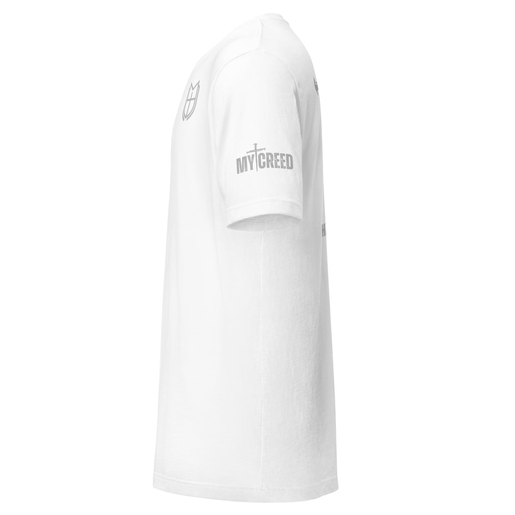 Side view of white unisex t-shirt highlighting modern athletic fit, by MyCreed™
