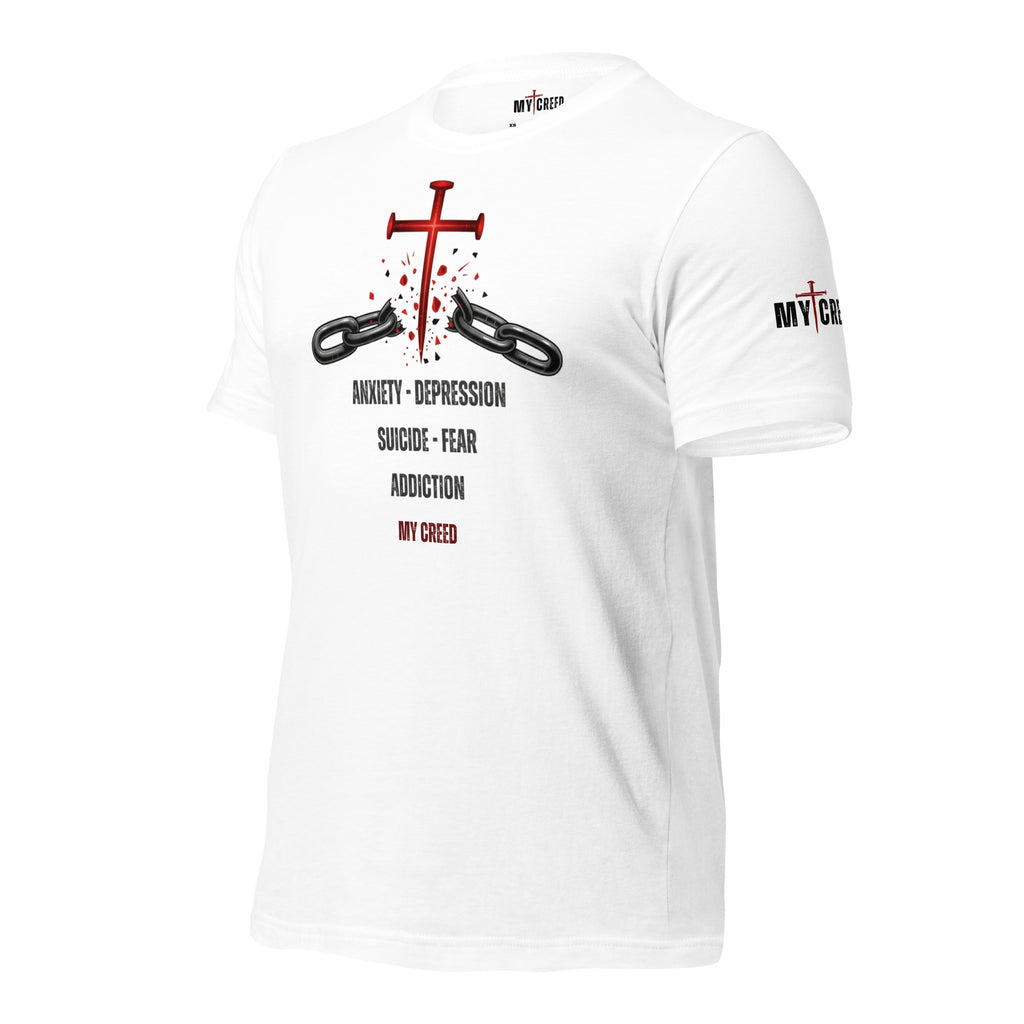 Male model wearing white ChainBreaker t-shirt with cross breaking chains and John 8:36 scripture, front view by MyCreed™