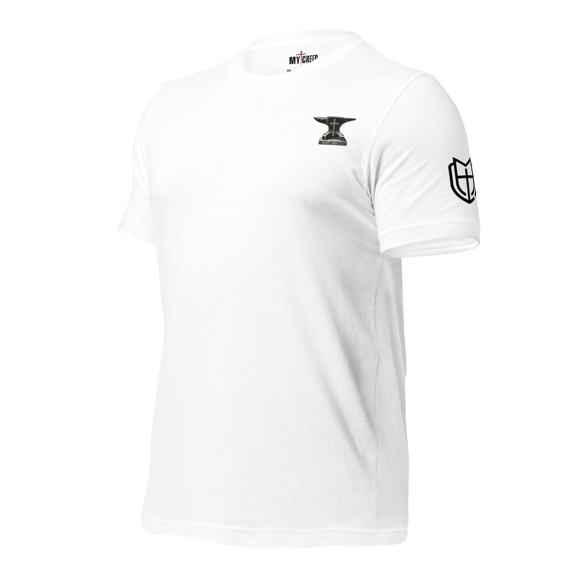 Christian faith t-shirt with anvil and cross graphic on white Bella+Canvas shirt by MyCreed™