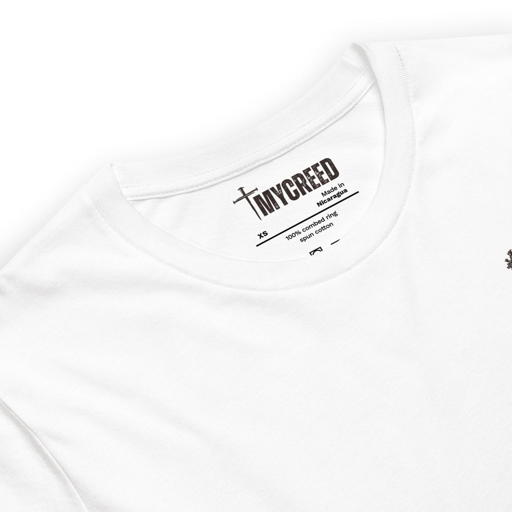 Bella+Canvas 3001 back graphic showing rooted tree and biblical faith message by MyCreed™