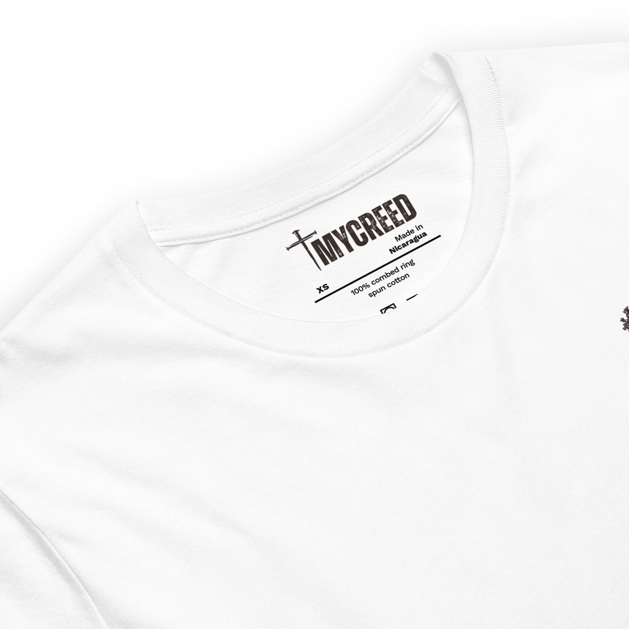 Bella+Canvas 3001 back graphic showing rooted tree and biblical faith message by MyCreed™