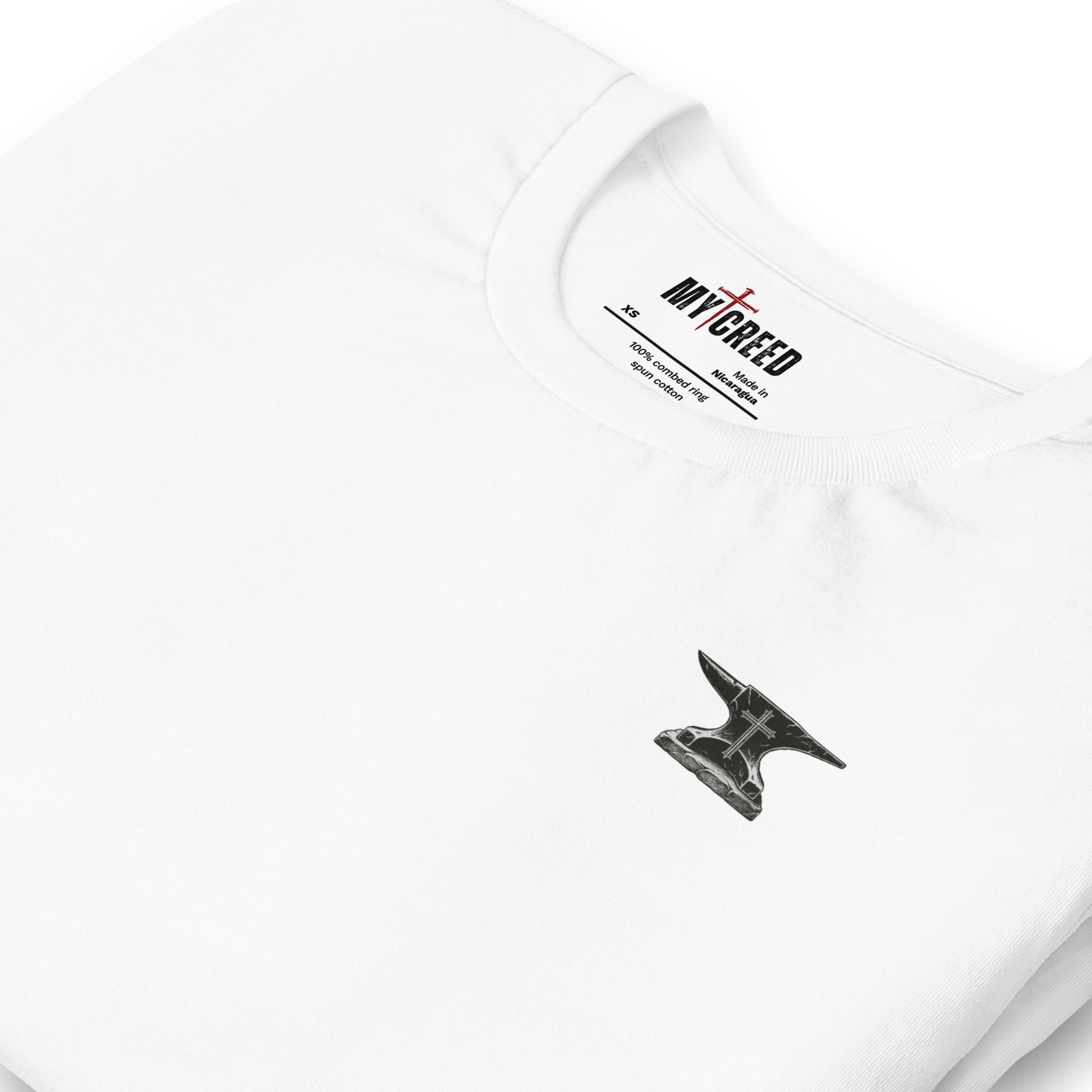 Isaiah 54:17 faith-based t-shirt with forged anvil cross artwork and MyCreed™ logo on white tee by MyCreed™