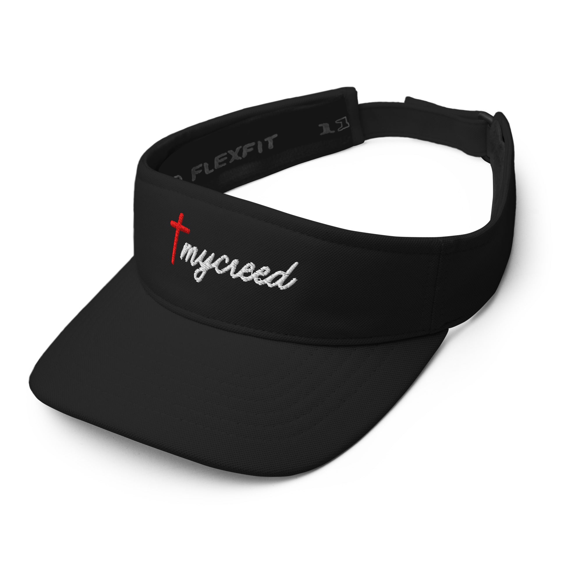 Black MyCreed visor with low-profile fit and adjustable hook and loop closure