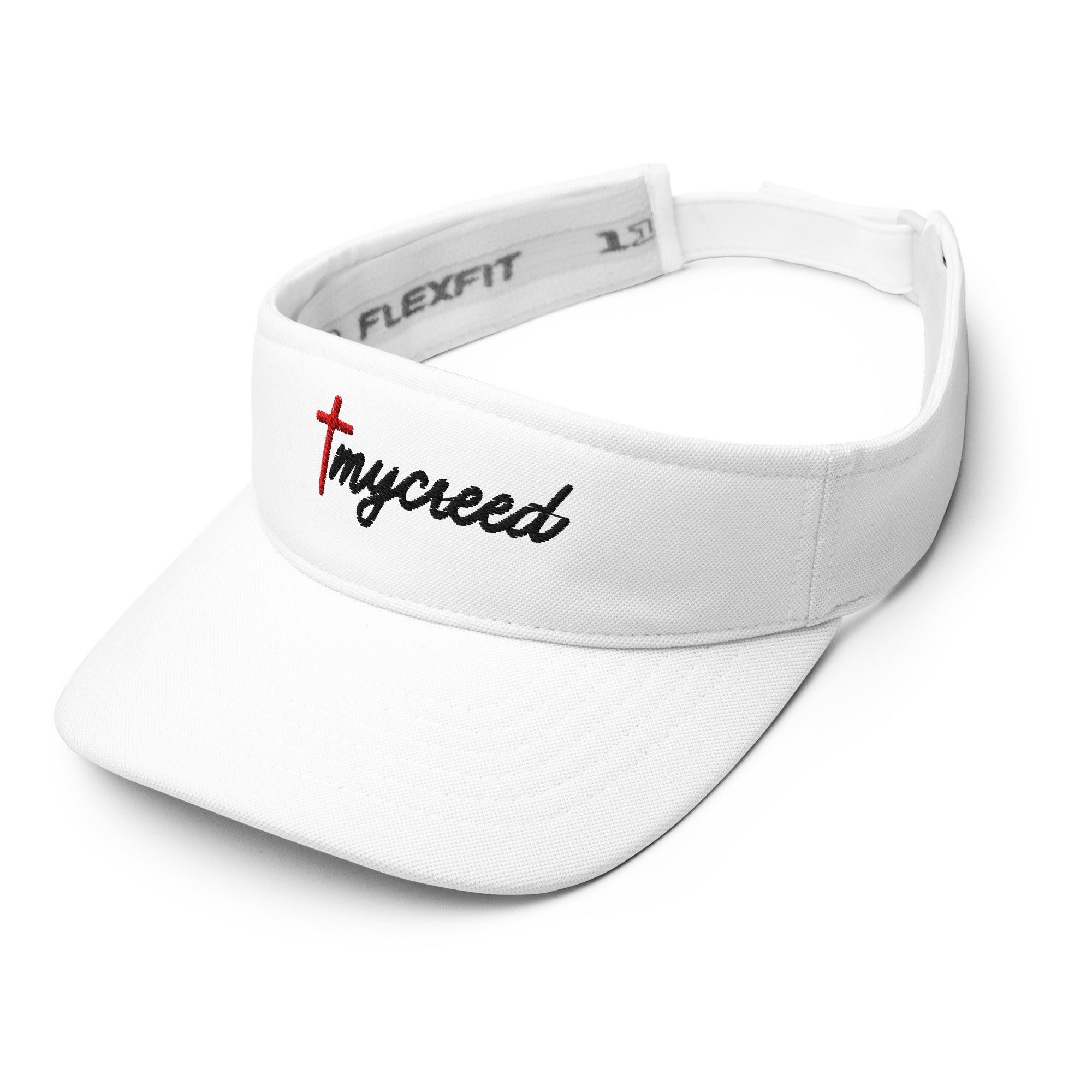 White MyCreed visor with low-profile fit and adjustable hook and loop closure